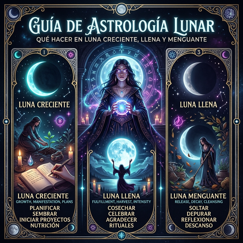 Guía de Astrología Lunar: Qué Hacer en Luna Creciente, Llena y Menguante