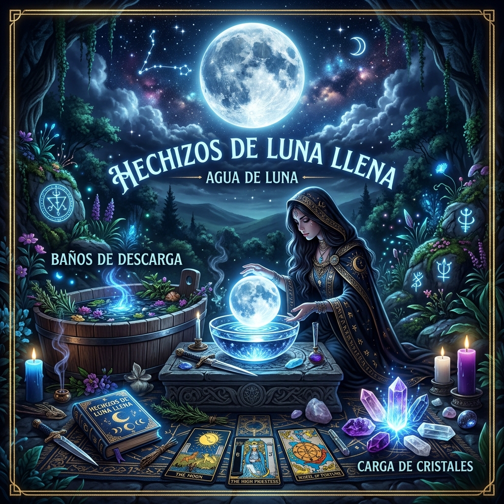 Hechizos de Luna Llena: Agua de Luna, Baños de Descarga y Carga de Cristales