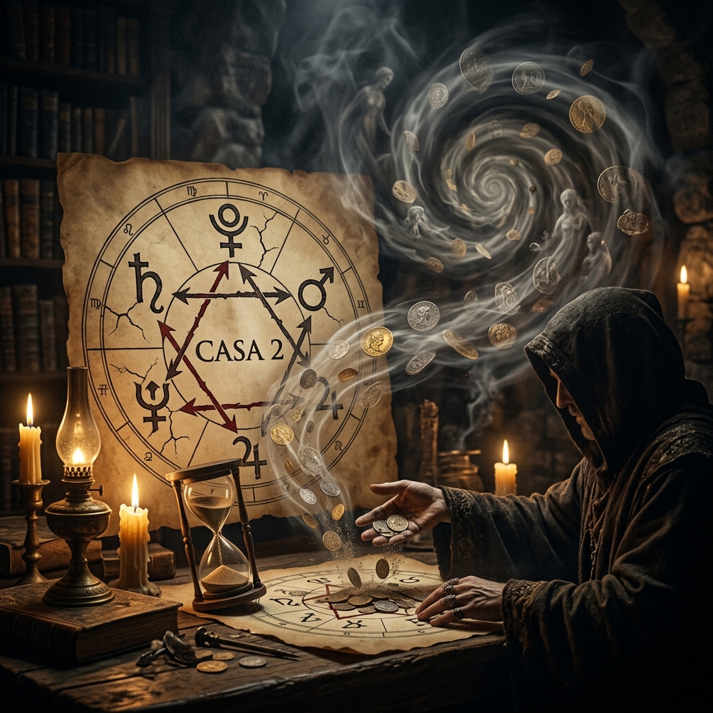 Astrología del Dinero que Desaparece: Casa 2 en Aspectos Destructivos y la Fuga Kármica